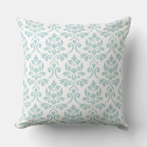 Feuille Damask Pattern Duck Egg Blue on White Throw Pillow
