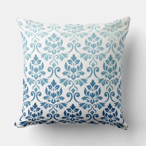Feuille Damask Pattern Gradient Dk Blue_Teal on Wt Throw Pillow