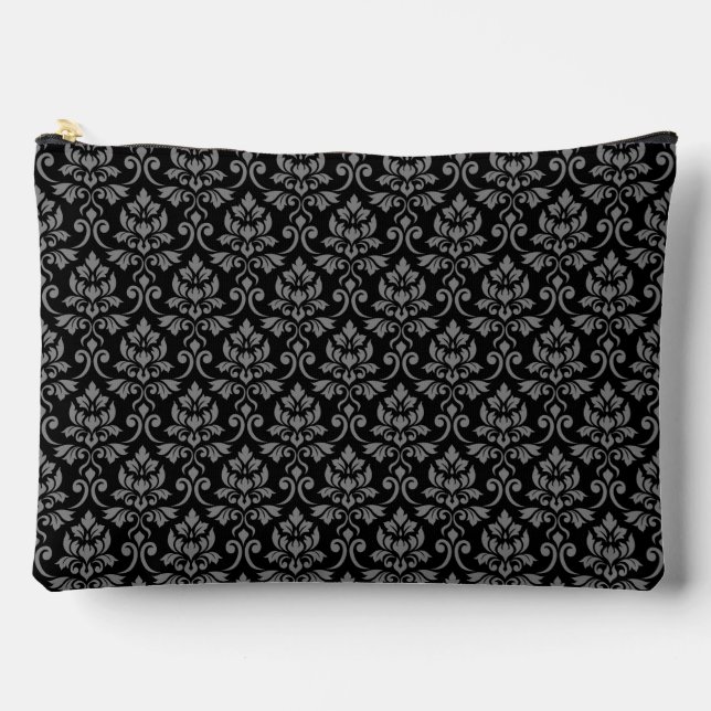 Feuille Damask Pattern Gray on Black Accessory Pouch (Front)