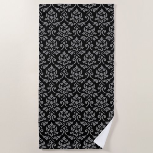 Feuille Damask Pattern Gray on Black Beach Towel