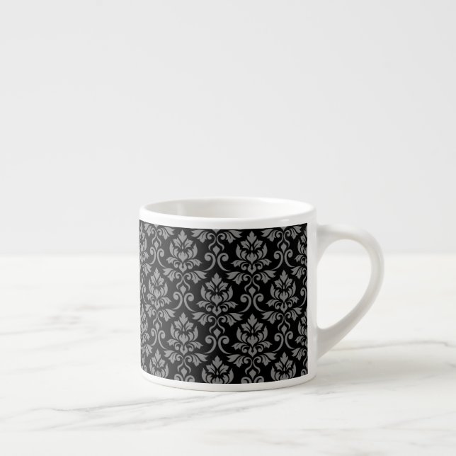 Feuille Damask Pattern Gray on Black Espresso Cup (Right)