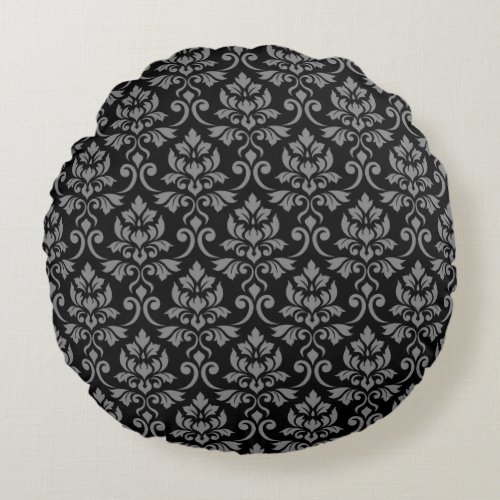 Feuille Damask Pattern Gray on Black Round Pillow