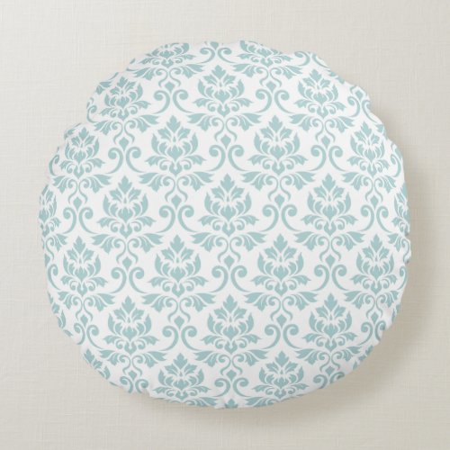 Feuille Damask Pattern Light Teal on White Round Pillow