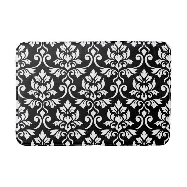 Feuille Damask Pattern White on Black Bath Mat (Front)