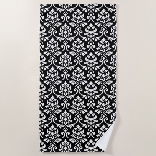 Feuille Damask Pattern White on Black Beach Towel