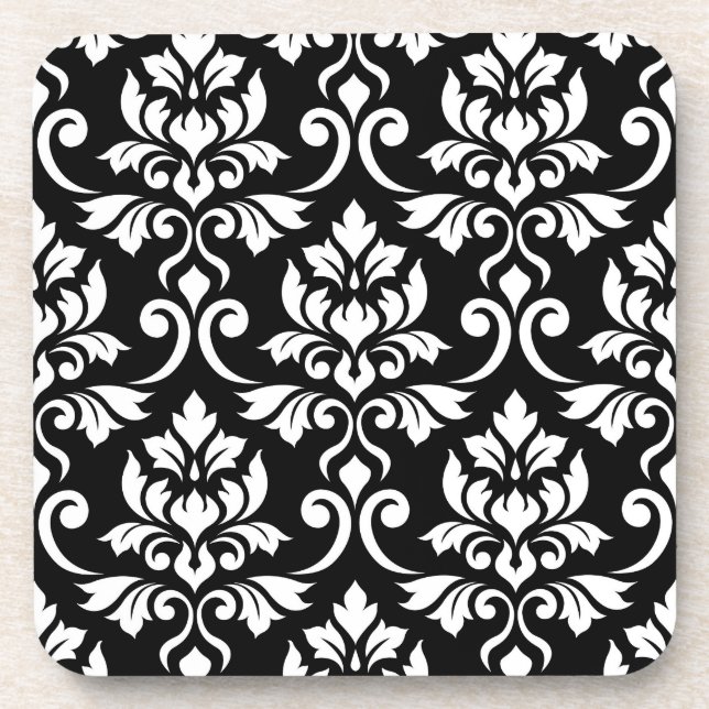 Feuille Damask Pattern White on Black Drink Coaster (Front)