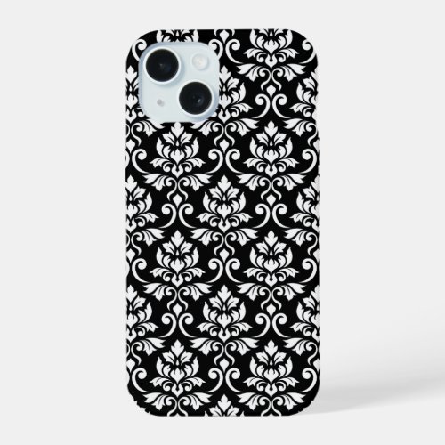 Feuille Damask Pattern White on Black iPhone 15 Case