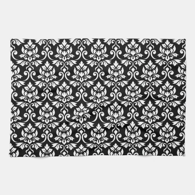 Feuille Damask Pattern White on Black Kitchen Towel (Horizontal)