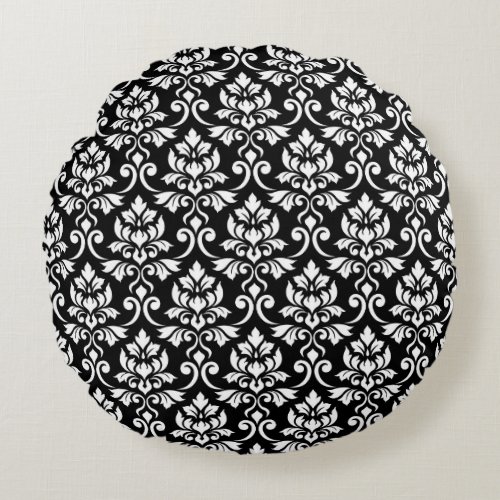Feuille Damask Pattern White on Black Round Pillow
