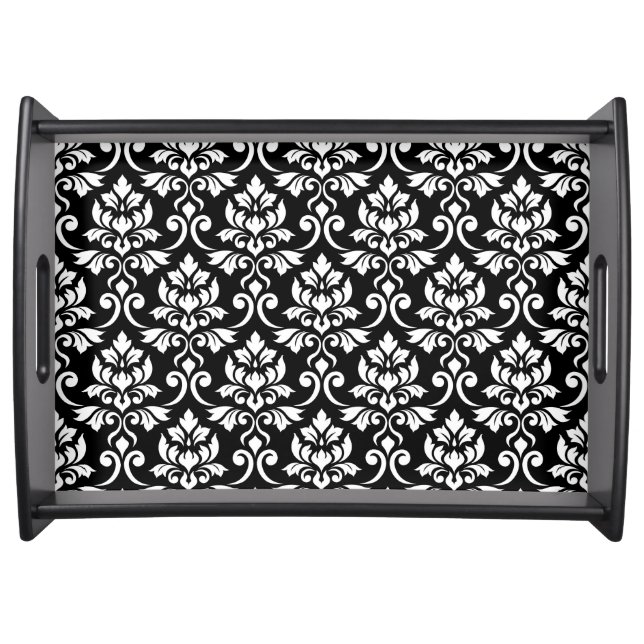 Feuille Damask Pattern White on Black Serving Tray (Front)