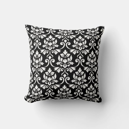 Feuille Damask Pattern White on Black Throw Pillow