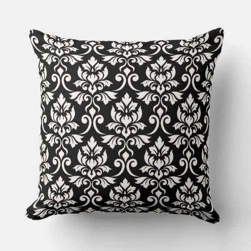Feuille Damask Pattern White on Black Throw Pillow