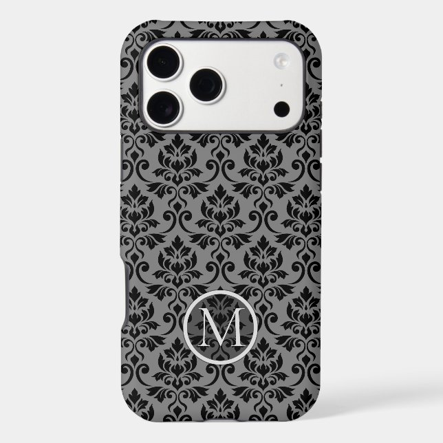 Feuille Damask Ptn Black on Gray (Personalized) iPhone Case (Back)