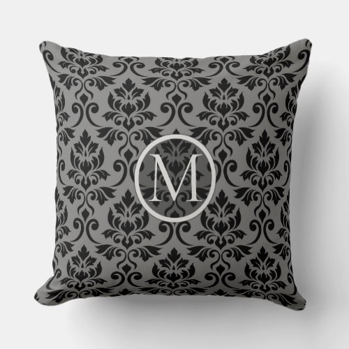 Feuille Damask Ptn Black on Gray Personalized Throw Pillow