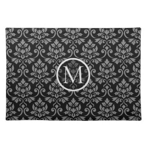 Feuille Damask Ptn Gray on Black Personalized Cloth Placemat