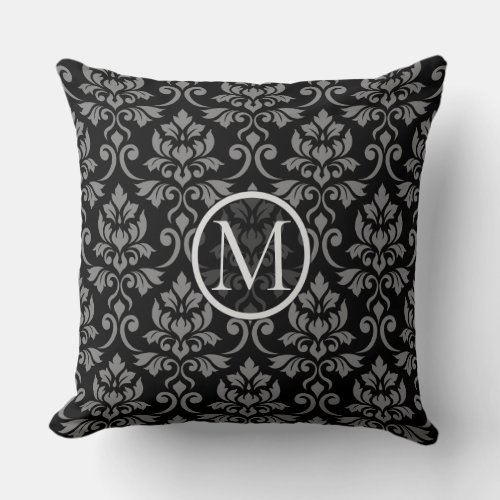 Feuille Damask Ptn Gray on Black Personalized Throw Pillow