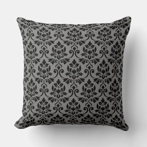 Feuille Damask Rpt Pattern Black on Gray Throw Pillow