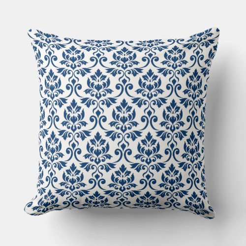 Feuille Damask Rpt Pattern Dark Blue on White Throw Pillow
