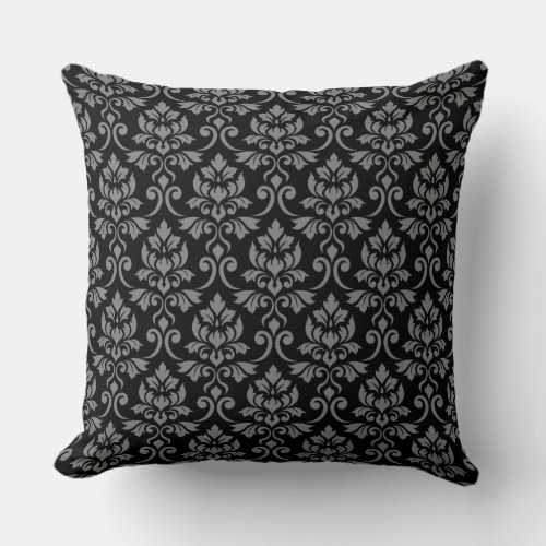 Feuille Damask Rpt Pattern Gray on Black Throw Pillow