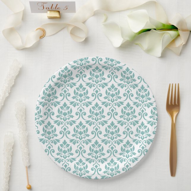 Feuille Damask Teal Large Pattern Paper Plates (Wedding)