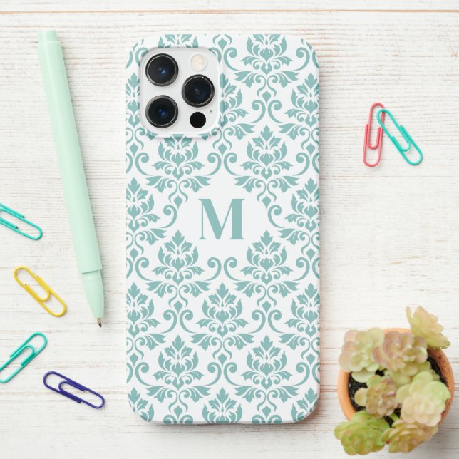 Feuille Damask Teal Pattern (Custom) iPhone Case (On Desk)