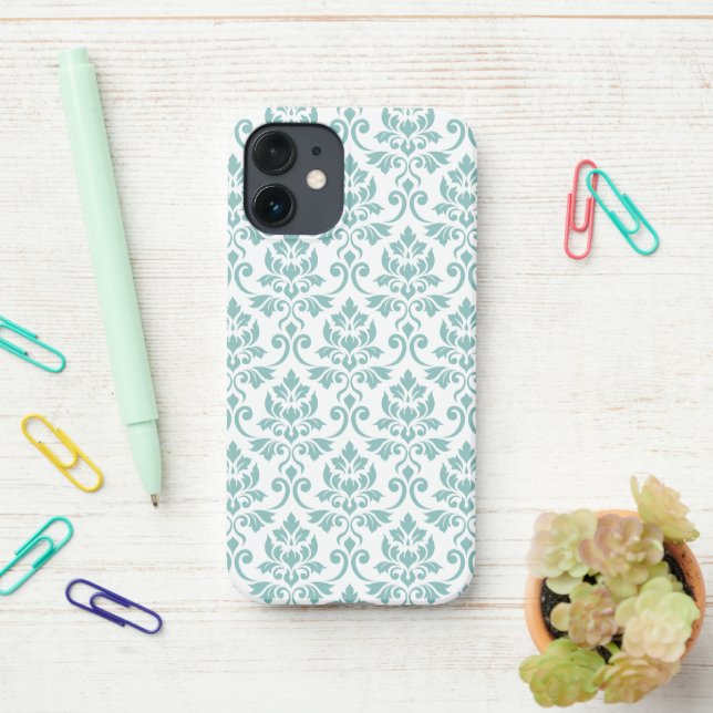 Feuille Damask Teal Pattern iPhone Case (On Desk)