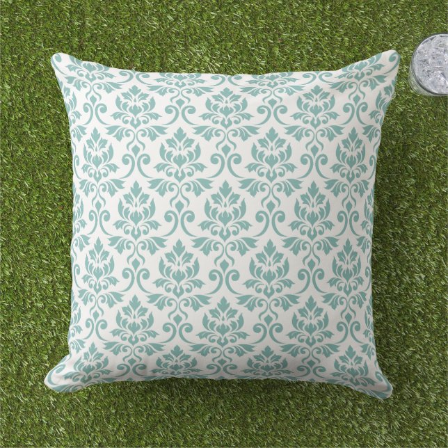 Feuille Damask Teal Pattern Outdoor Pillow (Grass)