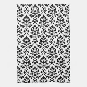 Feuille Damask (v) Pattern Black on White Kitchen Towel