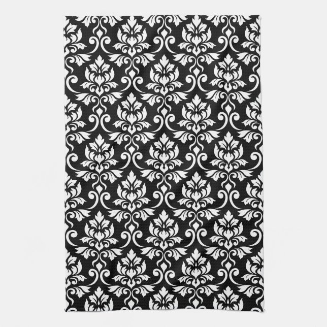 Feuille Damask (v) Pattern White on Black Kitchen Towel (Vertical)