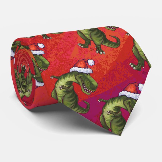 Fextive TRex Dino Pattern on Red Neck Tie (Rolled)