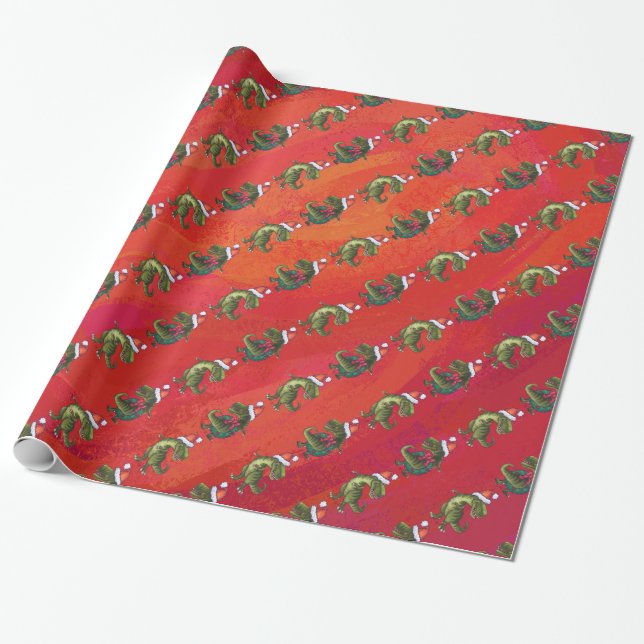 Fextive TRex Dino Pattern on Red Wrapping Paper (Unrolled)