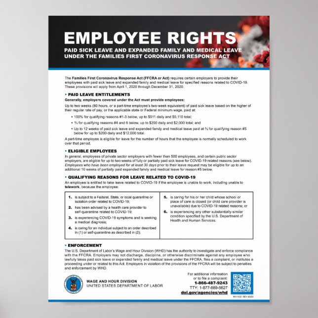 FFCRA - FAMILIES FIRST CORONAVIRUS RESPONSE ACT POSTER (Front)