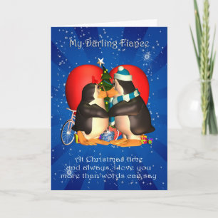 Fiance Christmas Card With Kissing Penguins Heart