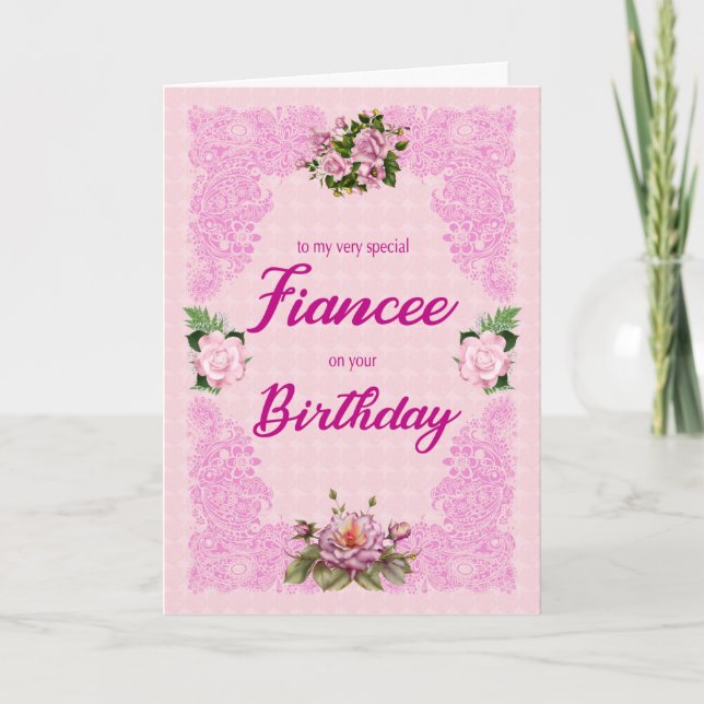 Fiancee Birthday with Pink Roses Card (Front)