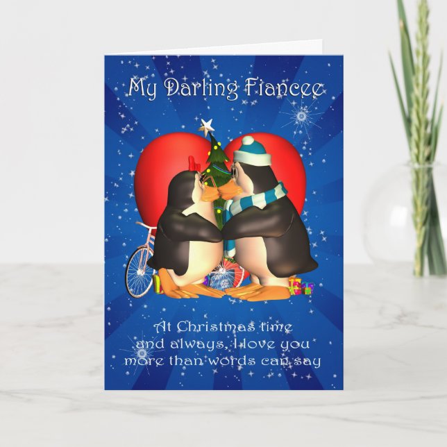 Fiancee Christmas Card With Kissing Penguins Heart (Front)