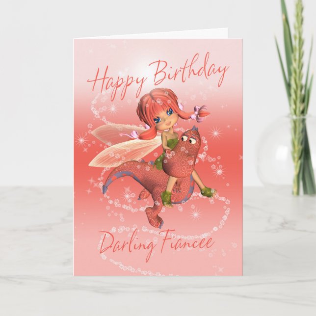 Fiancee Cute Birthday card, pink dragon with fairy Card (Front)