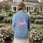 Fiancee pink/white Denim Jacket<br><div class="desc">This trendy denim jacket is accented with Fiancee,  written in fancy pink and white type,  making it the perfect accessory for the newly engaged girl at any event.</div>