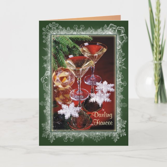 Fiancee - Romantic Christmas card.Glasses of wine Holiday Card (Front)