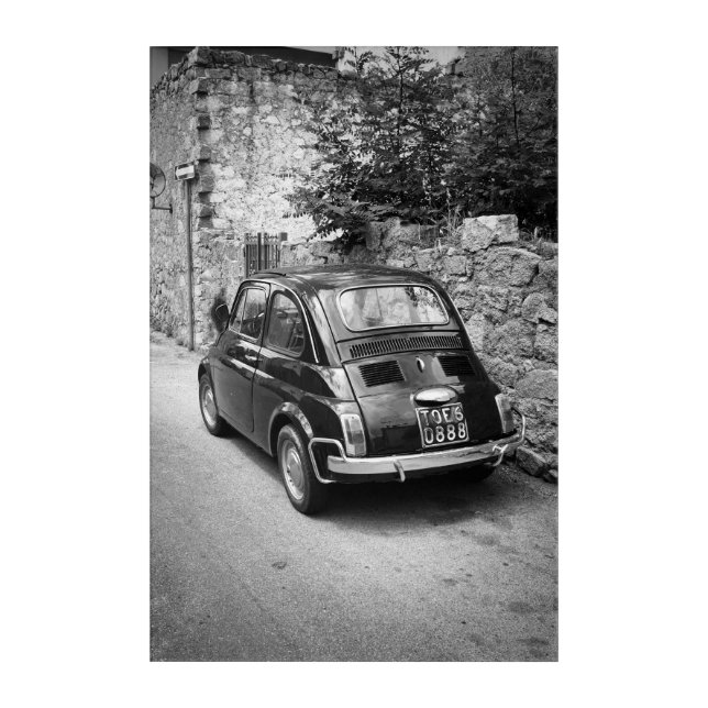 FIAT 500 car in black and white Acrylic Print (Front)