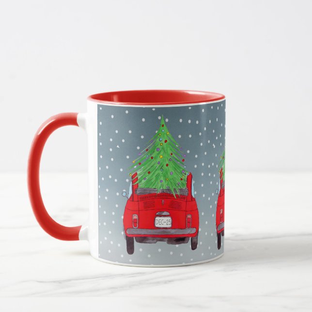 "Fiat 500 car with Christmas Tree Watercolor Mug (Left)