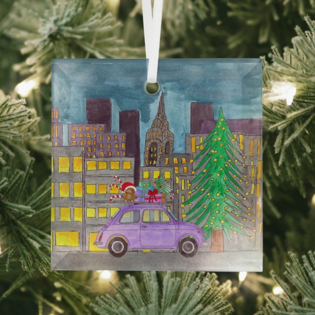 Fiat 500 in the City Customizable  Glass Ornament (Insitu)