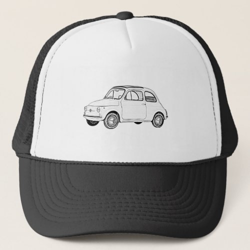 Fiat 500 Topolino Black and White Pencil Sketch Trucker Hat
