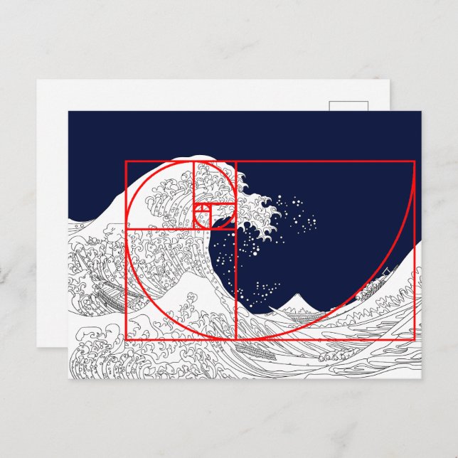 Fibonacci Sequence and The Great Wave Postcard (Front/Back)