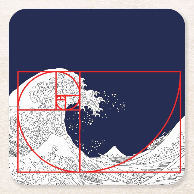 Fibonacci Sequence and The Great Wave Square Paper Coaster (Front)