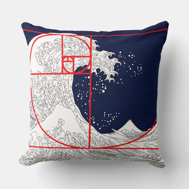 Fibonacci Sequence and The Great Wave Throw Pillow (Front)