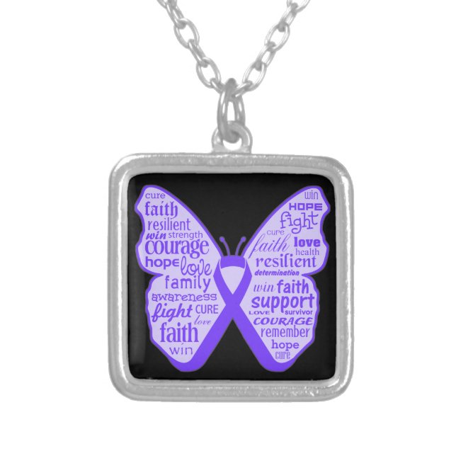 Fibromyalgia Awareness Butterfly Ribbon Silver Plated Necklace (Front)