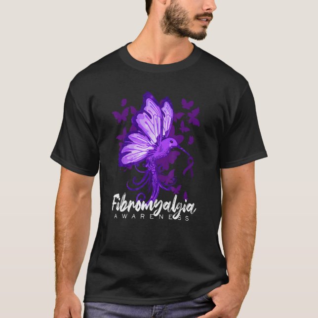 Fibromyalgia Awareness Hummingbird Holding Purple  T-Shirt (Front)
