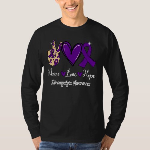 Fibromyalgia Awareness Peace Love Hope Purple Ribb T_Shirt