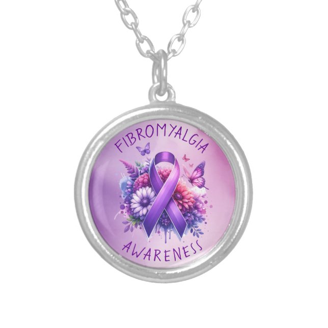 Fibromyalgia Awareness Ribbon Silver Plated Necklace (Front)