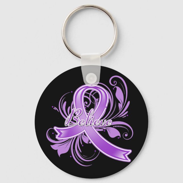 Fibromyalgia Believe Flourish Ribbon Keychain (Front)
